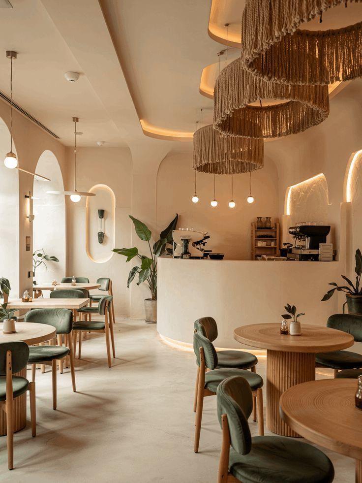 Finished café interior with arched walls, wood tables, and green chairs