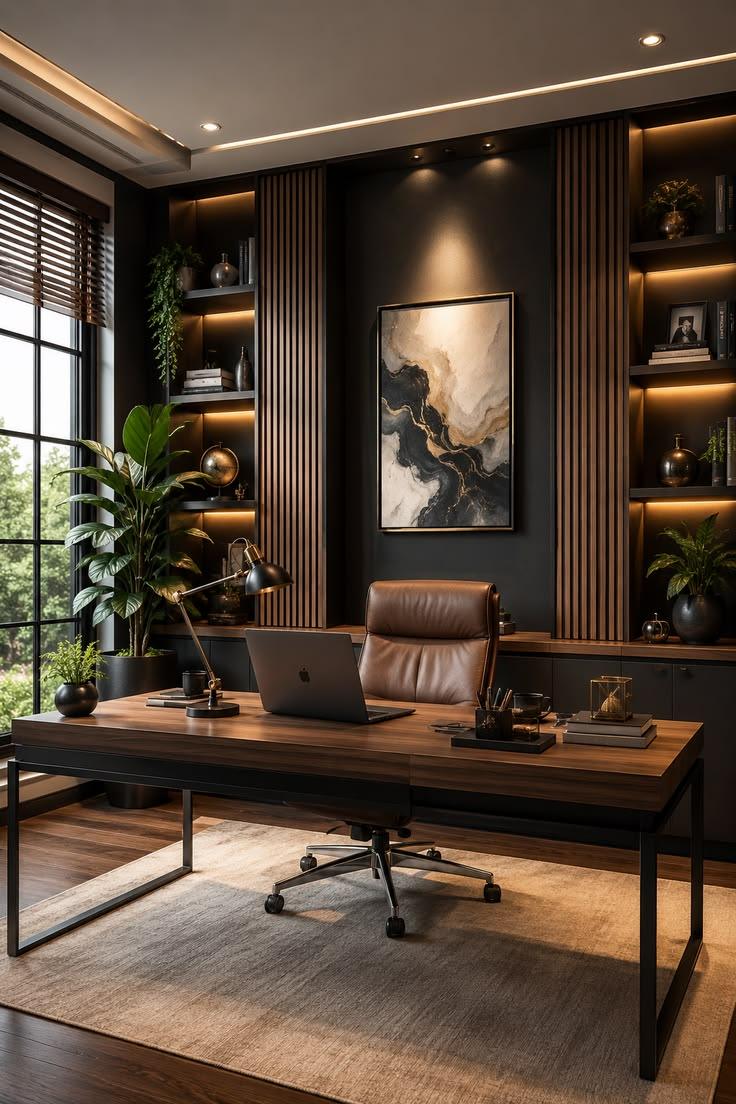 Modern office with wood slat walls, lit shelving, and a walnut desk