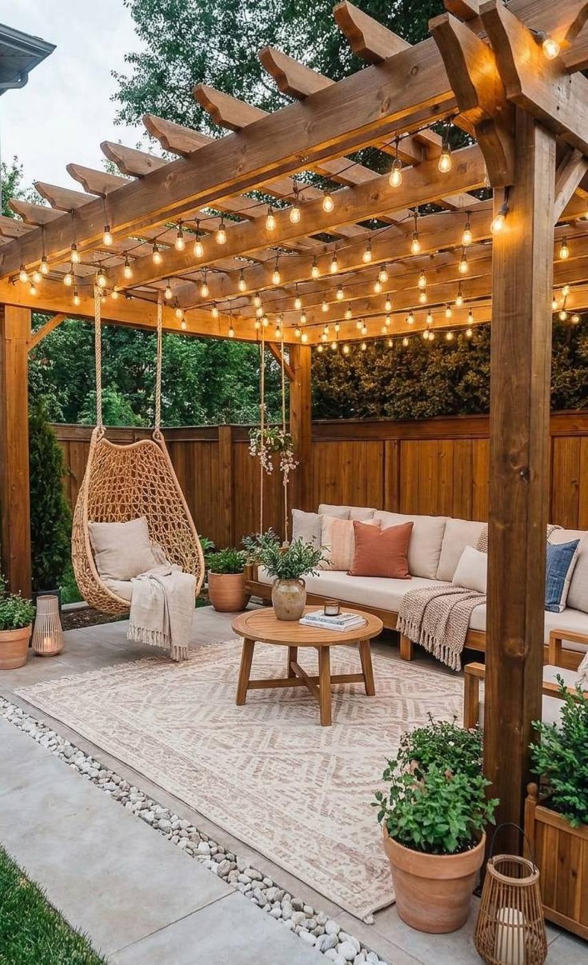 Backyard pergola with string lights over a patio lounge